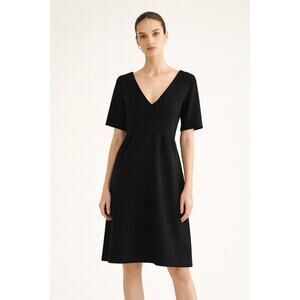 Lisa Perry Black Wool Dress Size 10 Minimalist Shift A-Line V-Neck NYC Made